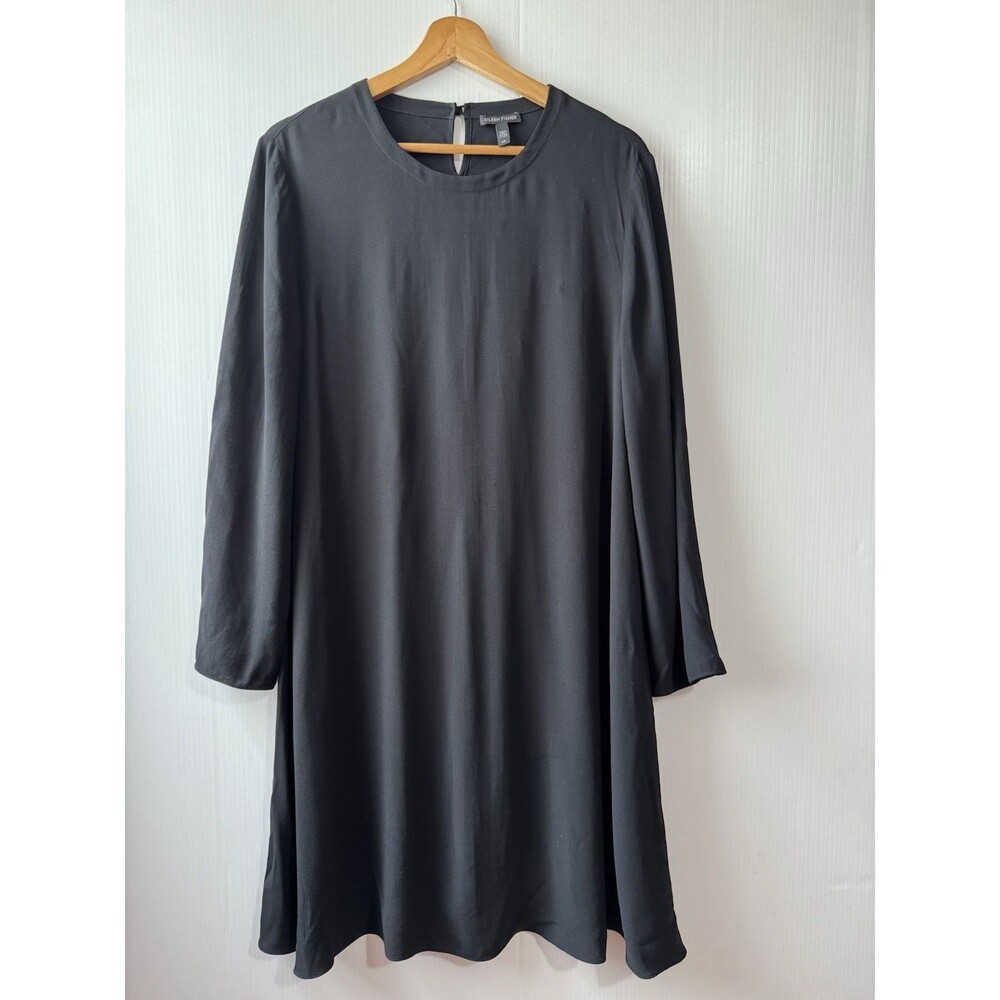 Eileen Fisher Women Shift Dress Black 100% Silk Georgette Crepe Crew Neck Sz S